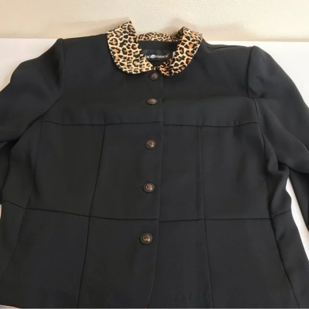 Sag Harbor Leopard Collar Black Button Up Unlined Jacket Long Sleeve Women 16